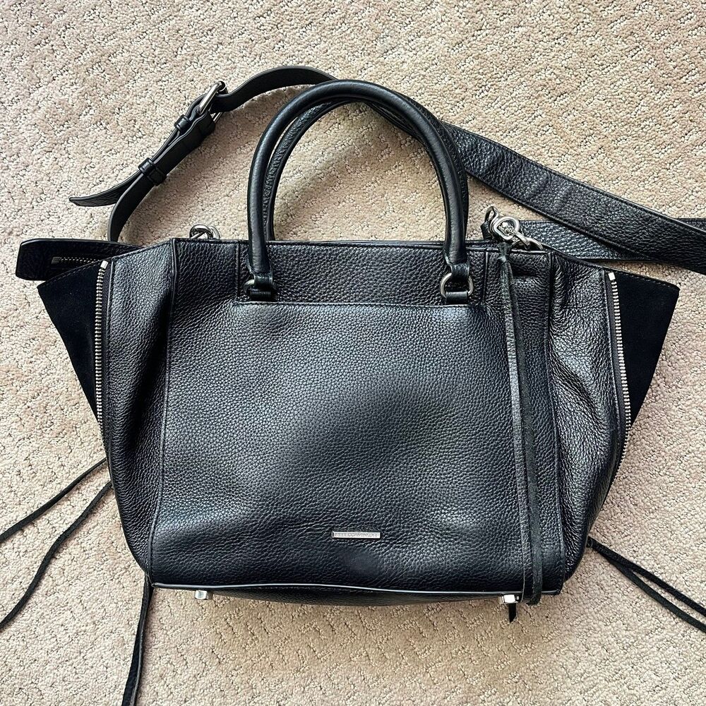 Rebecca Minkoff Regan Satchel Handbag Black Pebbled Leather Suede Insets Tassels